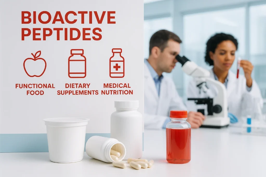 Bioactive peptides being used in functional food, dietary supplement, and medical nutrition products, showcasing B2B applications and laboratory research