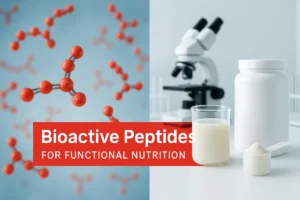 Bioactive peptides molecular structure with laboratory and functional nutrition product scene, highlighting applications for B2B brands