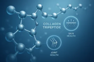 Illustration of collagen tripeptide molecular chains with skin and joint health elements, representing functional nutrition benefits for B2B products.