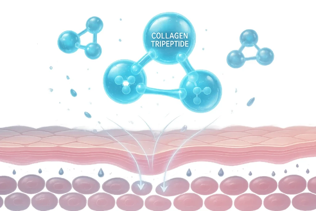 Illustration showing collagen tripeptides improving skin hydration and elasticity for functional nutrition products.