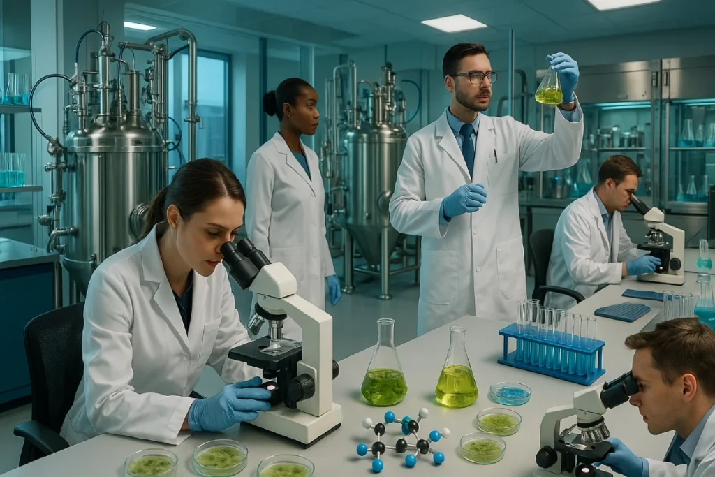 Eyoson state-of-the-art biotech R&D and production facility with scientists working on precision peptides, fermented herbal extracts, and probiotics for B2B functional nutrition brands