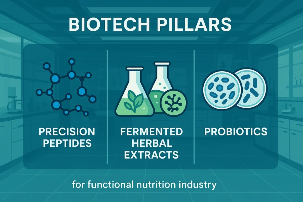 Visual representation of Eyoson's three core biotech solutions: precision peptides, fermented herbal extracts with proprietary enhancement strains, and full-domain ecological and marine probiotic strain libraries for B2B partners