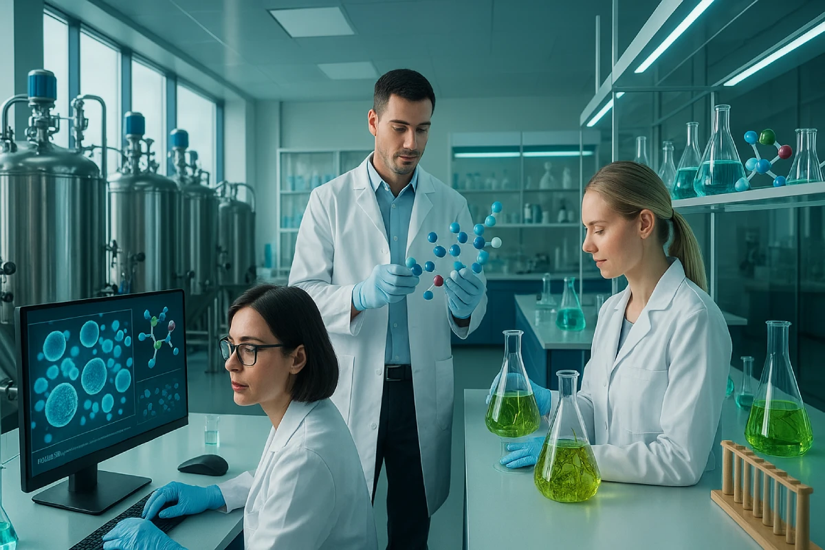Integrated biotech research and production at Eyoson showing precision peptides, fermented herbal extracts, and probiotics from proprietary strain libraries for B2B functional nutrition brands