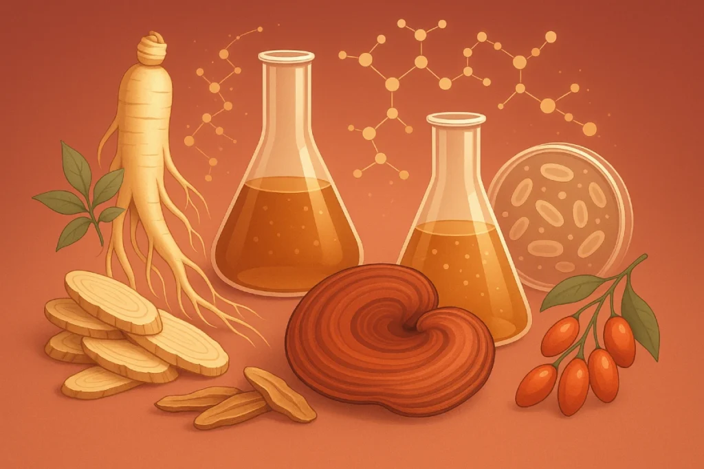 Abstract digital illustration of fermented Chinese herbal extracts, including ginseng, astragalus, reishi, and goji berries, combined with biotech fermentation elements such as lab flasks, molecular chains, and bacterial cultures, futuristic and clean B2B style, blue and green gradient palette, high-resolution, professional, clear space for overlay text, no realistic human faces
