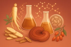 Abstract digital illustration of fermented Chinese herbal extracts, including ginseng, astragalus, reishi, and goji berries, combined with biotech fermentation elements such as lab flasks, molecular chains, and bacterial cultures, futuristic and clean B2B style, blue and green gradient palette, high-resolution, professional, clear space for overlay text, no realistic human faces