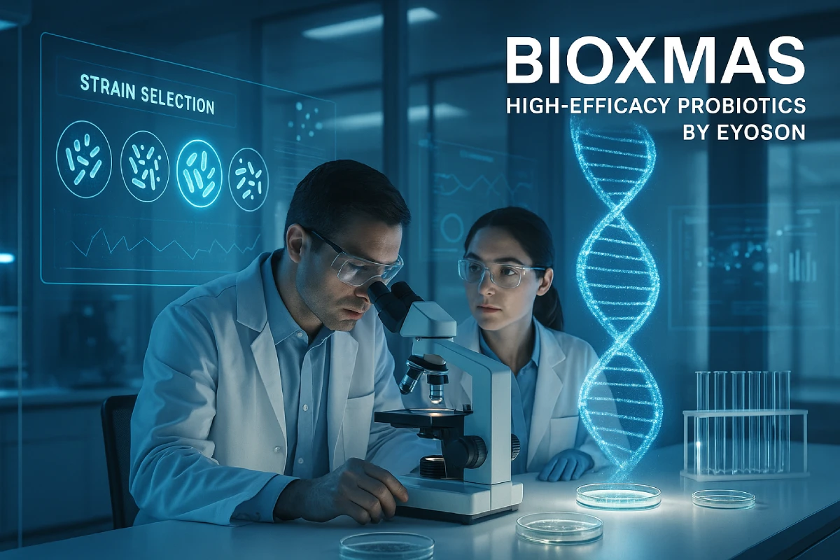 Researchers selecting high-efficacy probiotic strains in a biotechnology lab, representing BIOXMAS® by EYOSON