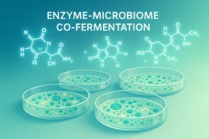 Enzyme–Microbiome co-fermentation process in a lab, with microbial cultures and peptide molecular structures, representing next-generation peptide production by EYOSON PEPDOO®