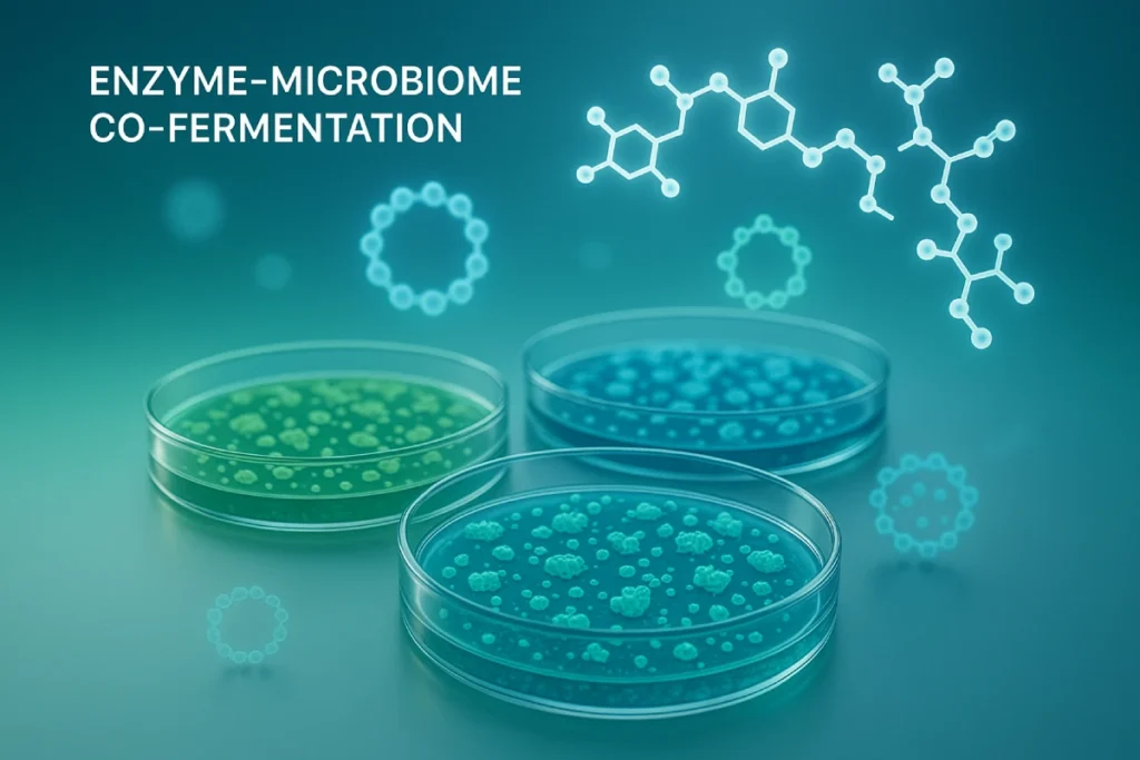 Enzyme–microbiome co-fermentation process in a lab with microbial cultures and peptide molecular structures, representing next-generation peptide production by EYOSON PEPDOO®