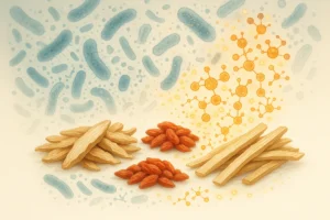 Conceptual visualization of Chinese herbs being transformed by microbial fermentation into functional extracts