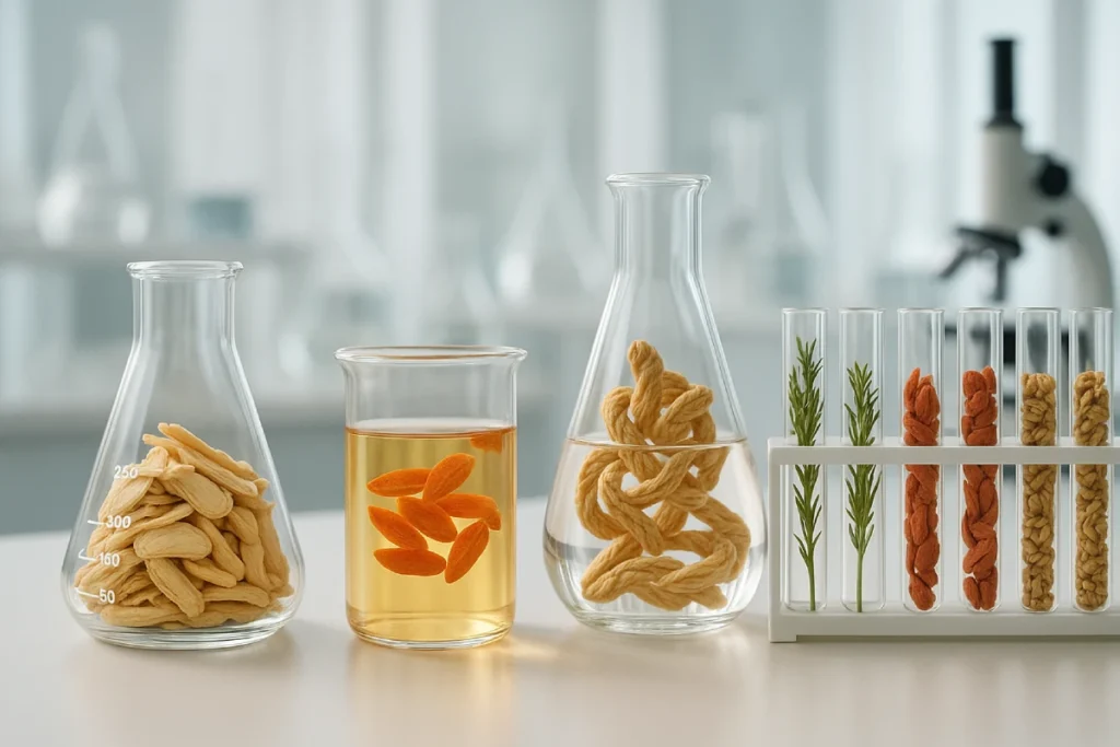 Conceptual visualization of Chinese herbs being transformed by microbial fermentation into bioactive functional extracts