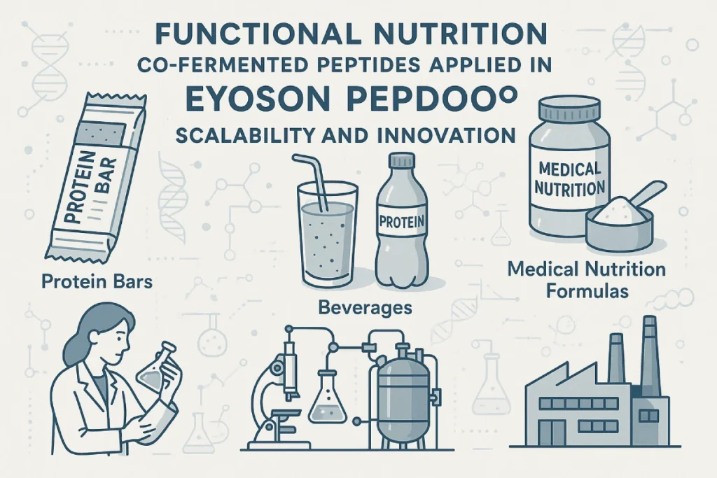 Functional food and nutraceutical applications of co-fermented peptides, including protein bars, beverages, and medical nutrition formulas, demonstrating EYOSON PEPDOO® industrial scalability