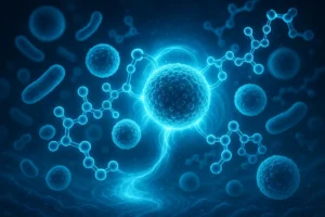 Synergistic interaction between probiotics and peptides visualized as molecular fusion, representing EYOSON and BIOXMAS co-fermentation innovation.