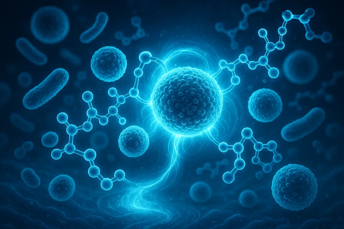 Synergistic interaction between probiotics and peptides visualized as molecular fusion, representing EYOSON and BIOXMAS co-fermentation innovation.