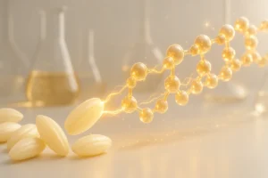 Futuristic fusion of rice grains and glowing peptide chains symbolizing functional nutrition innovation by EYOSON®