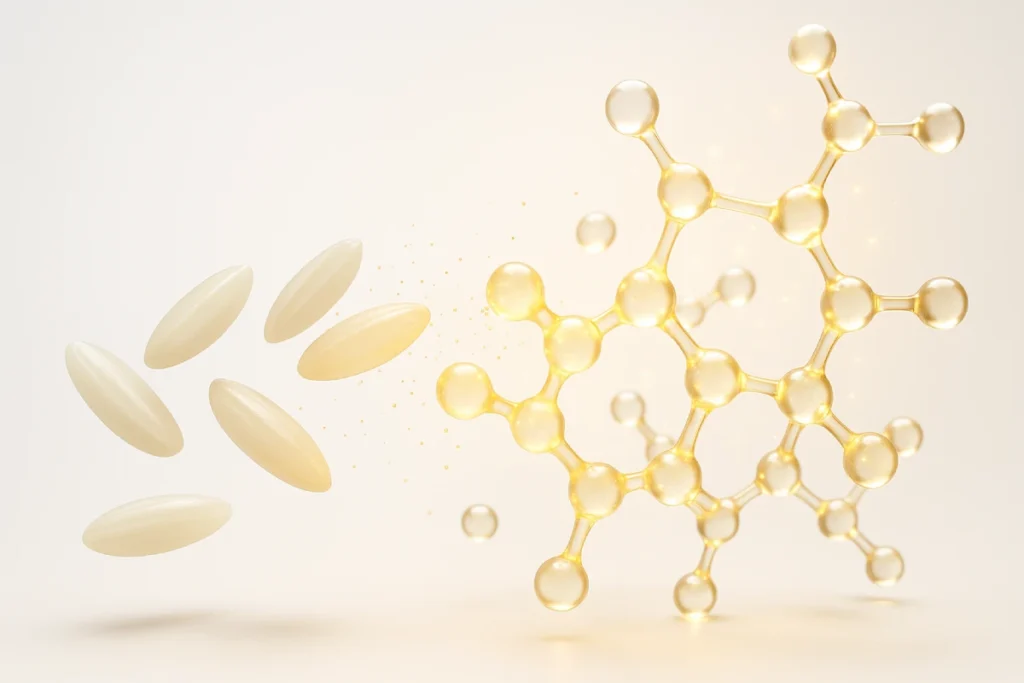 Rice grains transforming into bioactive peptide chains, representing hypoallergenic and bioavailable rice peptide ingredient for functional nutrition