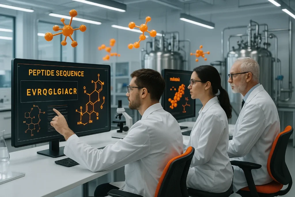 Precision peptide manufacturing process at EYOSON Group’s advanced biotech facility, showcasing molecular structures and scientific innovation.