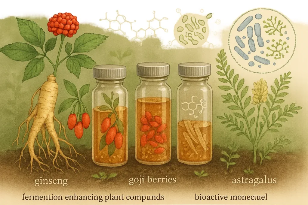 Herbal plants like ginseng, goji berries, and astragalus enhanced through fermentation, showcasing their bioactive compounds for functional nutrition products.