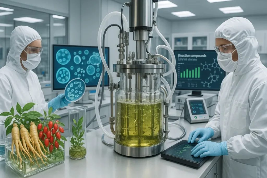 Herbal plants like ginseng, goji berries, and astragalus enhanced through fermentation, showcasing their bioactive compounds for functional nutrition products.