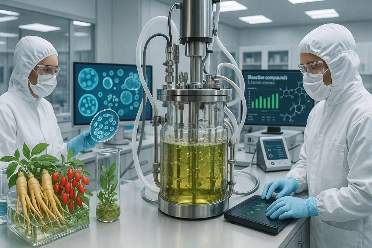 Herbal plants like ginseng, goji berries, and astragalus enhanced through fermentation, showcasing their bioactive compounds for functional nutrition products.